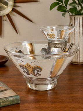 Vintage 60s MCM Anchor Hocking Gold Fleur Chip Dip Party Bowl Set 1960's 10.75"